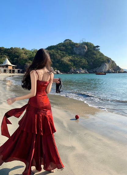 Elegant Mermaid Spaghetti Straps Sleeveless Burgundy Long Evening Dress Prom Dresses DP228