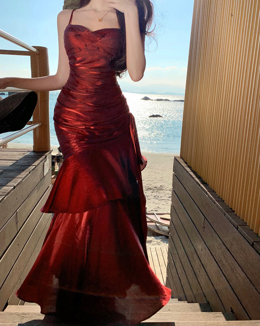 Elegant Mermaid Spaghetti Straps Sleeveless Burgundy Long Evening Dress Prom Dresses DP228