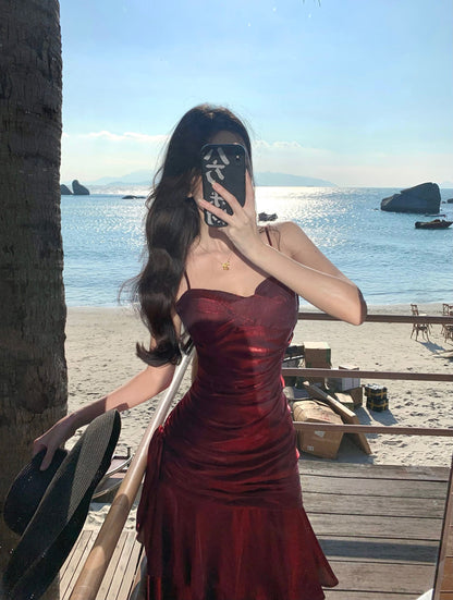 Elegant Mermaid Spaghetti Straps Sleeveless Burgundy Long Evening Dress Prom Dresses DP228