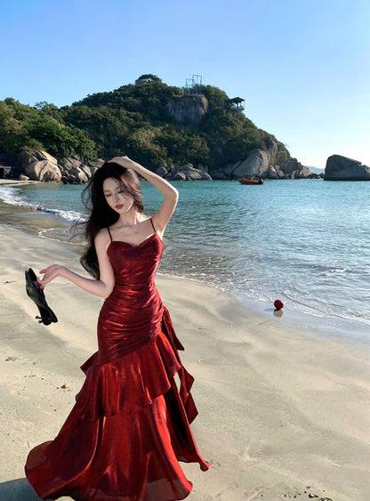 Elegant Mermaid Spaghetti Straps Sleeveless Burgundy Long Evening Dress Prom Dresses DP228