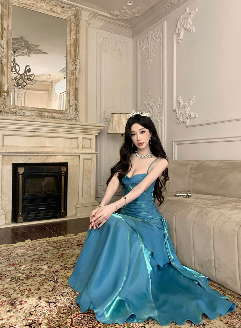Pretty Mermaid Spaghetti Straps Sleeveless Blue Prom Gown Long Evening Dress Prom Dresses DP229
