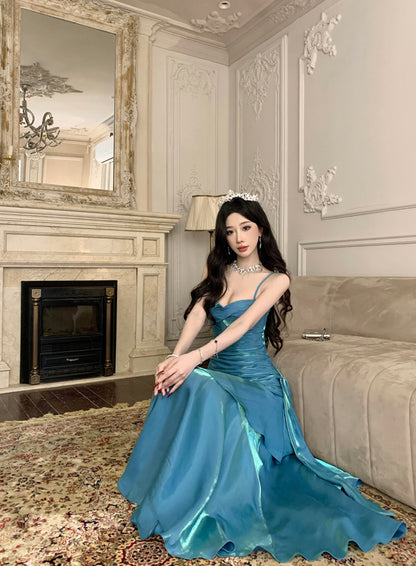 Pretty Mermaid Spaghetti Straps Sleeveless Blue Prom Gown Long Evening Dress Prom Dresses DP229