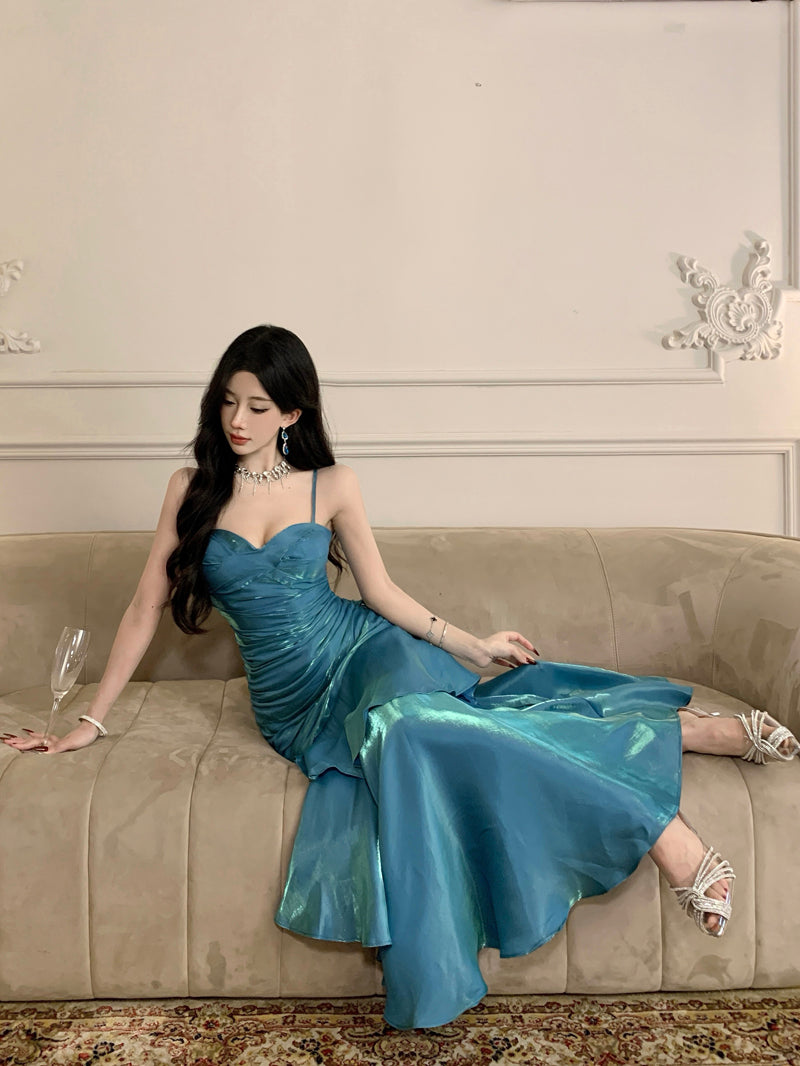 Pretty Mermaid Spaghetti Straps Sleeveless Blue Prom Gown Long Evening Dress Prom Dresses DP229