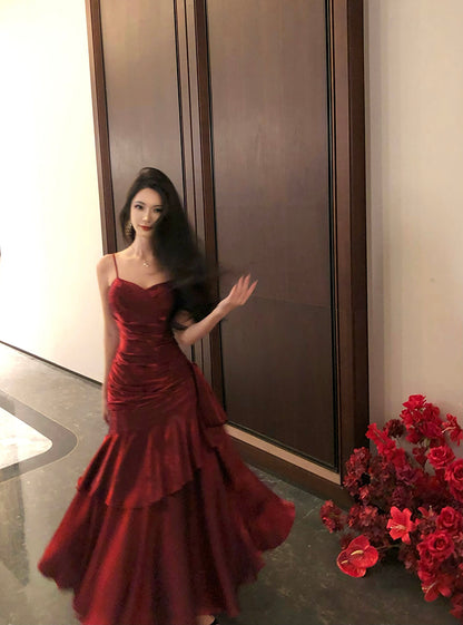 Elegant Mermaid Spaghetti Straps Sleeveless Wine Red Long Evening Dress Prom Dresses DP230