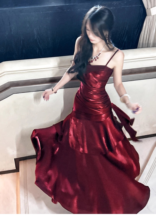 Elegant Mermaid Spaghetti Straps Sleeveless Dark Red Burgundy Long Evening Dress Prom Dresses DP231