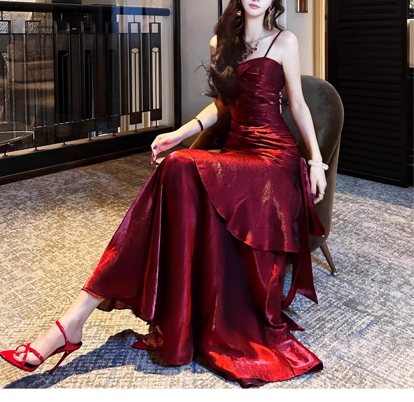 Elegant Mermaid Spaghetti Straps Sleeveless Dark Red Burgundy Long Evening Dress Prom Dresses DP231