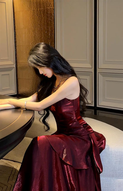 Elegant Mermaid Spaghetti Straps Sleeveless Dark Red Burgundy Long Evening Dress Prom Dresses DP231