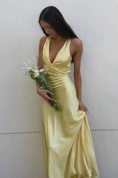 Robe de soirée longue en satin plissé, col en V, chic, dos nu, sans manches, robe de bal DP239