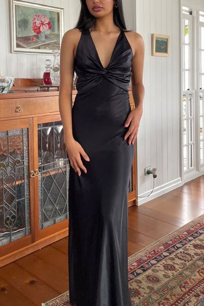 Robe de soirée longue en satin plissé, col en V, chic, dos nu, sans manches, robe de bal DP239