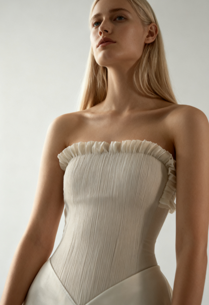 Chic Beige Pleated Strapless Contrast Color Stitching Prom Dress Long Prom Dresses DP241