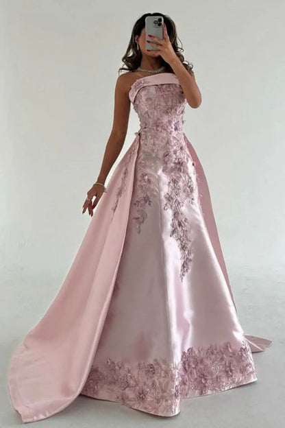 Elegant Pink A-Line Strapless Satin Party Dress with Appliques and Court Train DP243