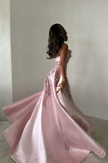 Elegant Pink A-Line Strapless Satin Party Dress with Appliques and Court Train DP243