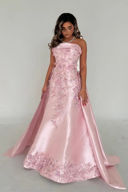 Elegant Pink A-Line Strapless Satin Party Dress with Appliques and Court Train DP243