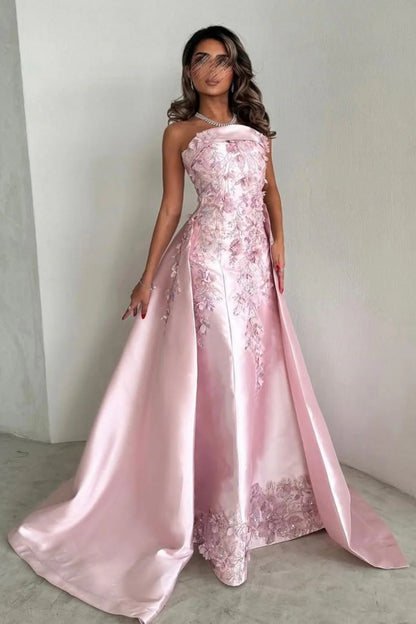 Elegant Pink A-Line Strapless Satin Party Dress with Appliques and Court Train DP243