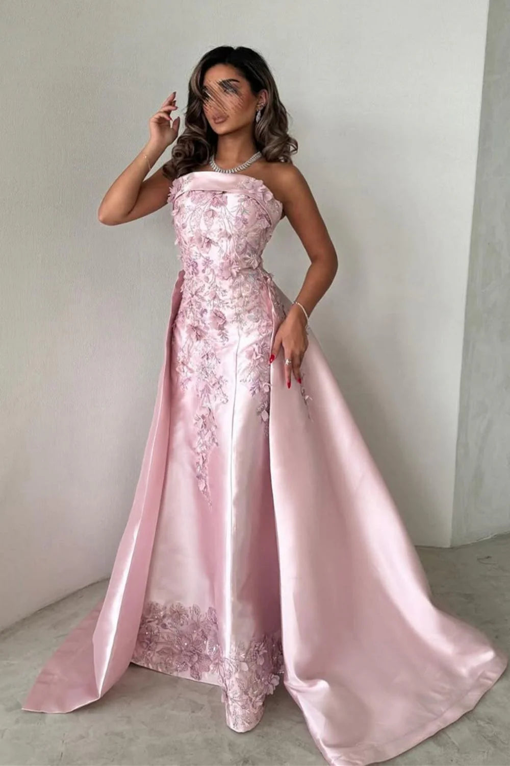 Elegant Pink A-Line Strapless Satin Party Dress with Appliques and Court Train DP243