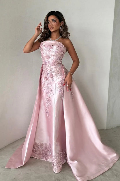 Elegant Pink A-Line Strapless Satin Party Dress with Appliques and Court Train DP243