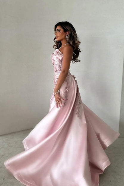 Elegant Pink A-Line Strapless Satin Party Dress with Appliques and Court Train DP243