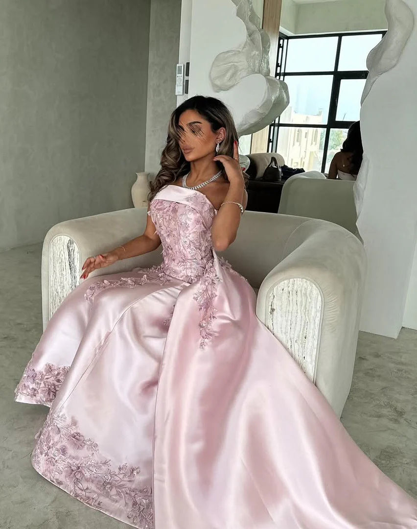 Elegant Pink A-Line Strapless Satin Party Dress with Appliques and Court Train DP243