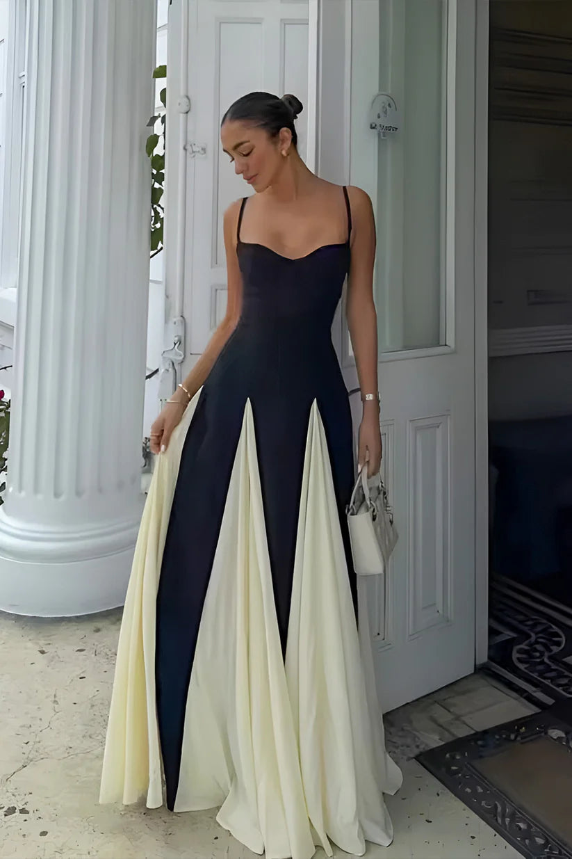 Elegant Pink A-Line Spaghetti Straps Black Satin Party Dress Long Prom Dresses DP244