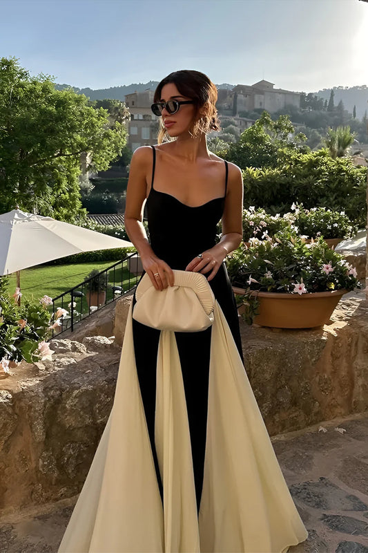 Elegant Pink A-Line Spaghetti Straps Black Satin Party Dress Long Prom Dresses DP244