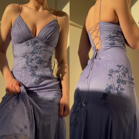 Sexy Purple Spaghetti Straps Appliques Chiffon Prom Dresses Birthday Outfits Classy Party Dress Formal Dress DP248