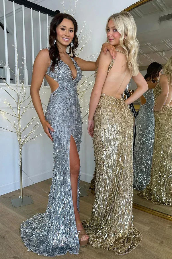 Elegant Gold Sequins Mermaid Long Prom Dresses with Slit Sexy Prom Dress DP249