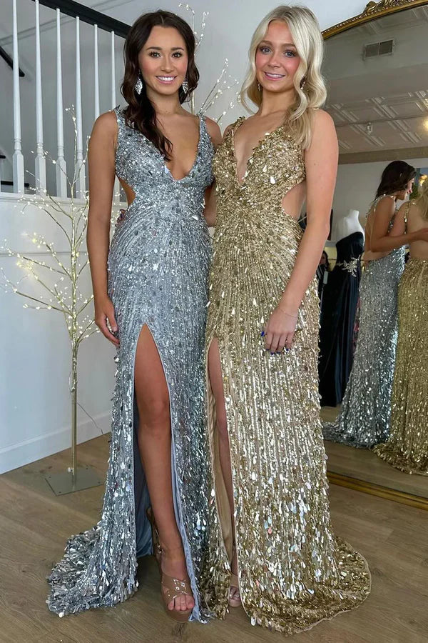 Elegant Gold Sequins Mermaid Long Prom Dresses with Slit Sexy Prom Dress DP249