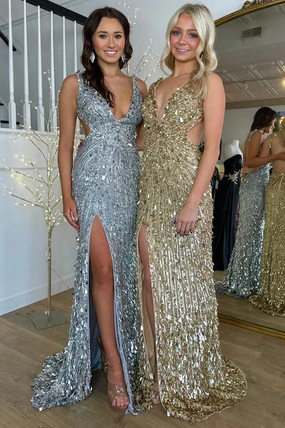 Elegant Gold Sequins Mermaid Long Prom Dresses with Slit Sexy Prom Dress DP249