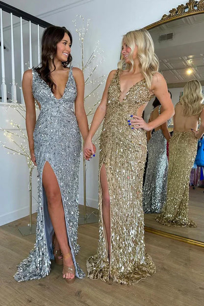 Elegant Gold Sequins Mermaid Long Prom Dresses with Slit Sexy Prom Dress DP249