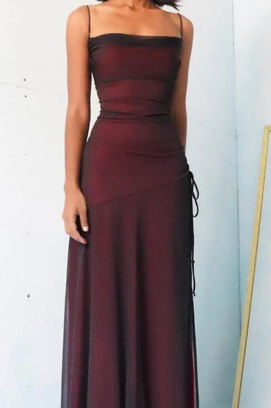 Sexy Sheath Spaghetti Straps Burgundy Floor-length Long Prom Dress with Silt Birthday Outfits Party Dress Formal Dress DP250