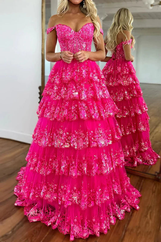 Robe de bal chic à paillettes, corset rose vif, épaules dénudées, dentelle, longue, robe de soirée, DP252
