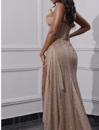 Sexy Beaded Neckline Long Sequined Mermaid Slit Evening Dress Birthday Outfits Party Dress Formal Dress DP253