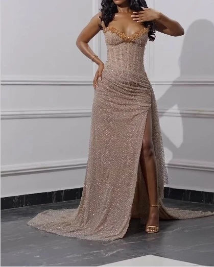 Sexy Beaded Neckline Long Sequined Mermaid Slit Evening Dress Birthday Outfits Party Dress Formal Dress DP253
