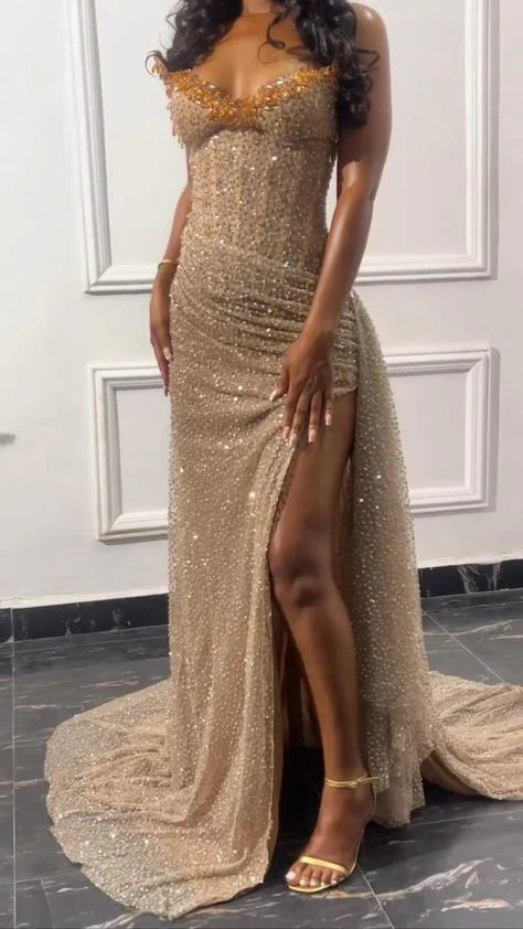 Sexy Beaded Neckline Long Sequined Mermaid Slit Evening Dress Birthday Outfits Party Dress Formal Dress DP253