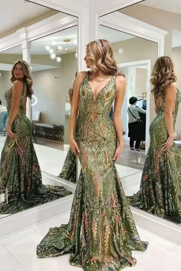 Sexy Charming Mermaid V Neck Blue Sequined Lace Long Prom Dress Evening Dresses DP254