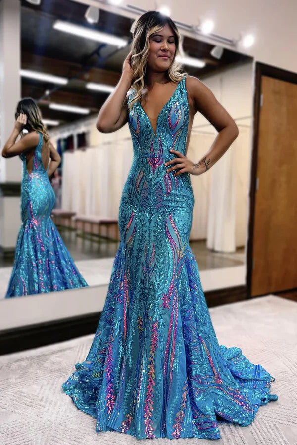 Sexy Charming Mermaid V Neck Blue Sequined Lace Long Prom Dress Evening Dresses DP254