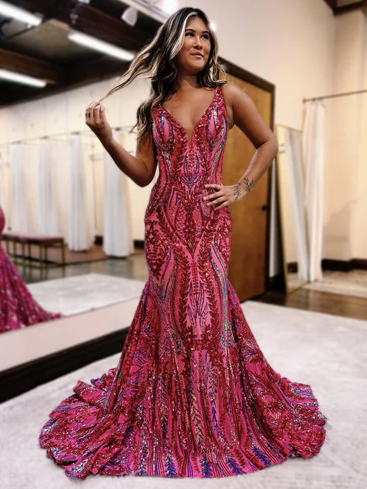 Sexy Charming Mermaid V Neck Blue Sequined Lace Long Prom Dress Evening Dresses DP254