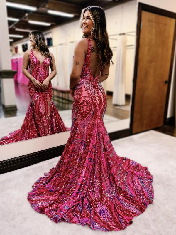 Sexy Charming Mermaid V Neck Blue Sequined Lace Long Prom Dress Evening Dresses DP254
