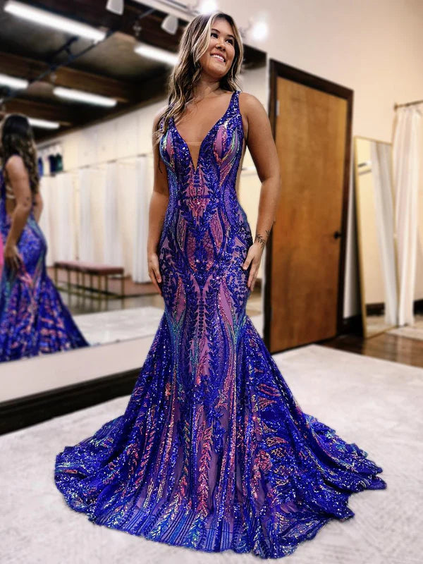 Sexy Charming Mermaid V Neck Blue Sequined Lace Long Prom Dress Evening Dresses DP254