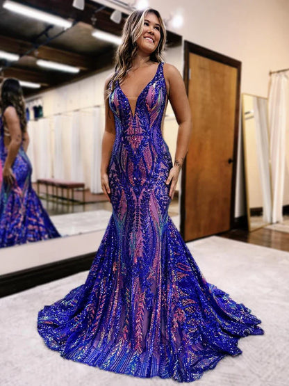 Sexy Charming Mermaid V Neck Blue Sequined Lace Long Prom Dress Evening Dresses DP254