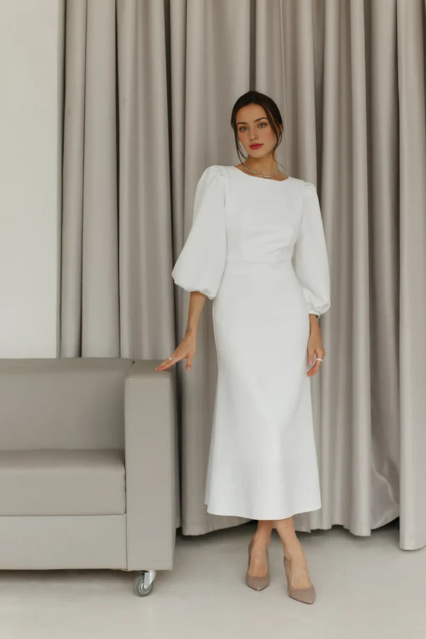Classy Elegant White Puff Short Sleeves Backless White Midi Dress Wedding Guest Dress Prom Dresses DP256