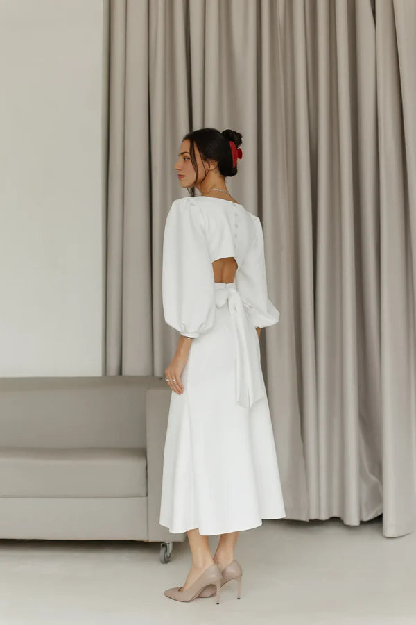 Classy Elegant White Puff Short Sleeves Backless White Midi Dress Wedding Guest Dress Prom Dresses DP256