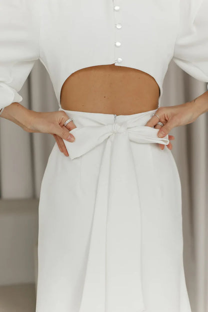 Classy Elegant White Puff Short Sleeves Backless White Midi Dress Wedding Guest Dress Prom Dresses DP256