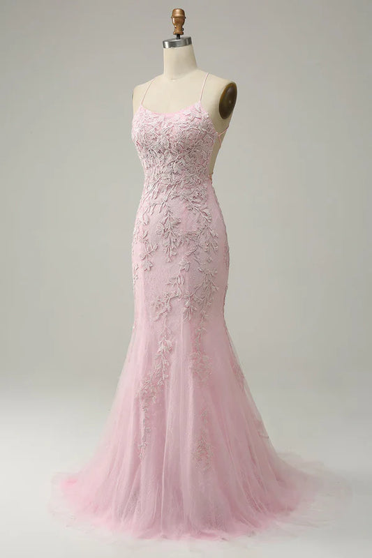 Elegant Mermaid Spaghetti Straps Long Prom Dress With Appliques Lace Evening Dresses DP257