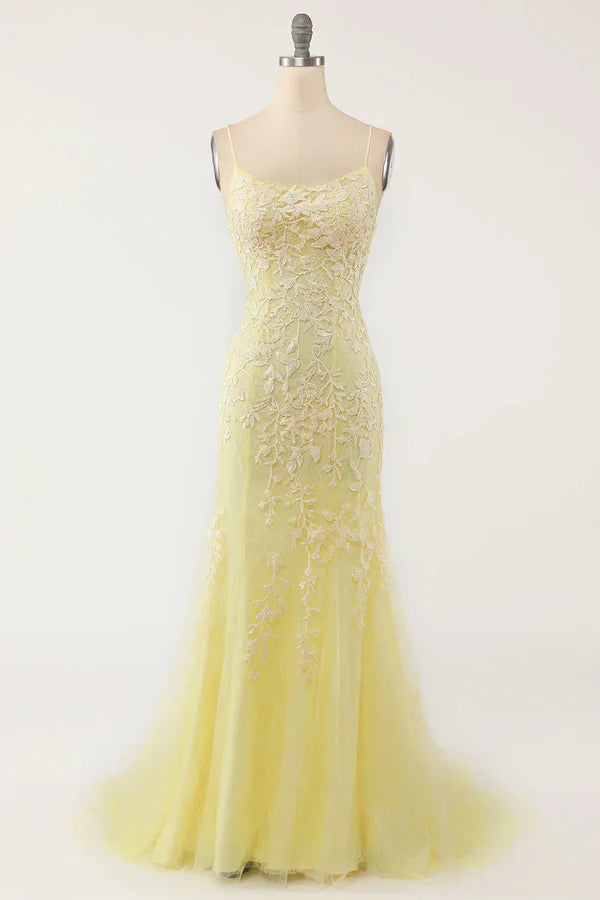 Elegant Mermaid Spaghetti Straps Long Prom Dress With Appliques Lace Evening Dresses DP257