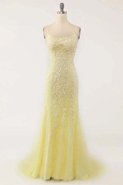 Elegant Mermaid Spaghetti Straps Long Prom Dress With Appliques Lace Evening Dresses DP257