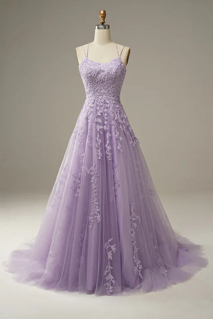 Robe de bal longue violette trapèze à bretelles spaghetti et appliqués, tenue d'anniversaire, robe de soirée, robe de soirée DP258