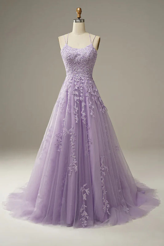 A-Linie Lila Spaghettiträger Langes Ballkleid mit Applikationen Geburtstagsoutfits Partykleid Abendkleid DP258