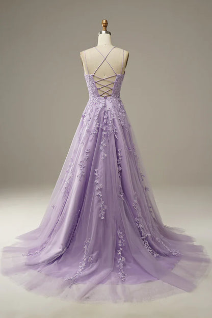 Robe de bal longue violette trapèze à bretelles spaghetti et appliqués, tenue d'anniversaire, robe de soirée, robe de soirée DP258