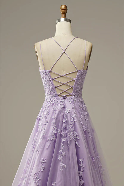 Robe de bal longue violette trapèze à bretelles spaghetti et appliqués, tenue d'anniversaire, robe de soirée, robe de soirée DP258